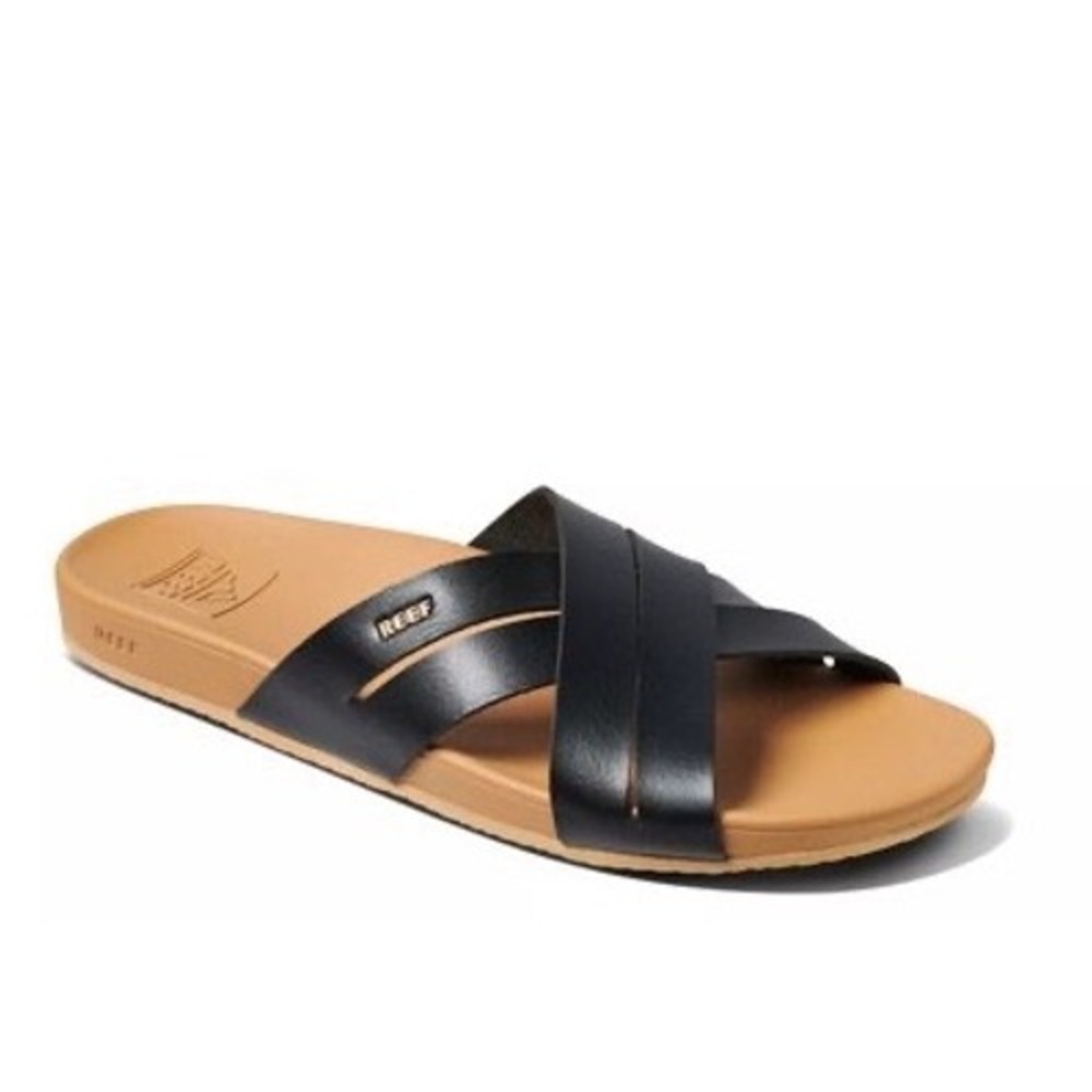 Reef Cushion Spring Bloom Sandals Womens 9 Black Tan Vegan Leather Crisscross